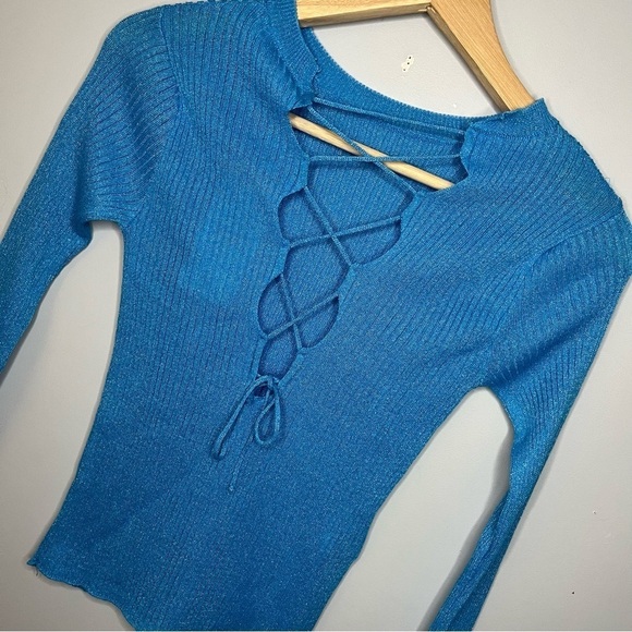Mango Lace Up Back Cut Out Fine Ribbed Knit Sky Blue Sweater Size Small NWT - Picture 16 of 16